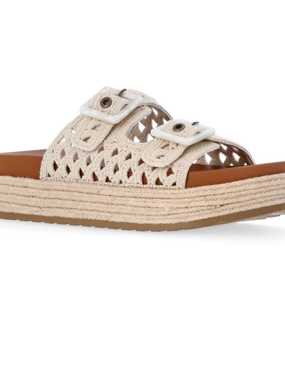 Crochet Double-Buckle Slide Sandal in Cream
